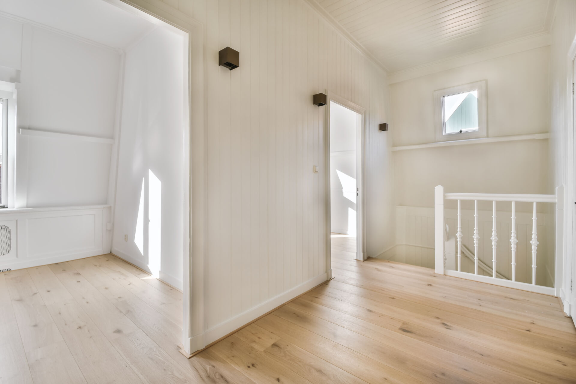 Bright room interior of house, wooden flooring and walls