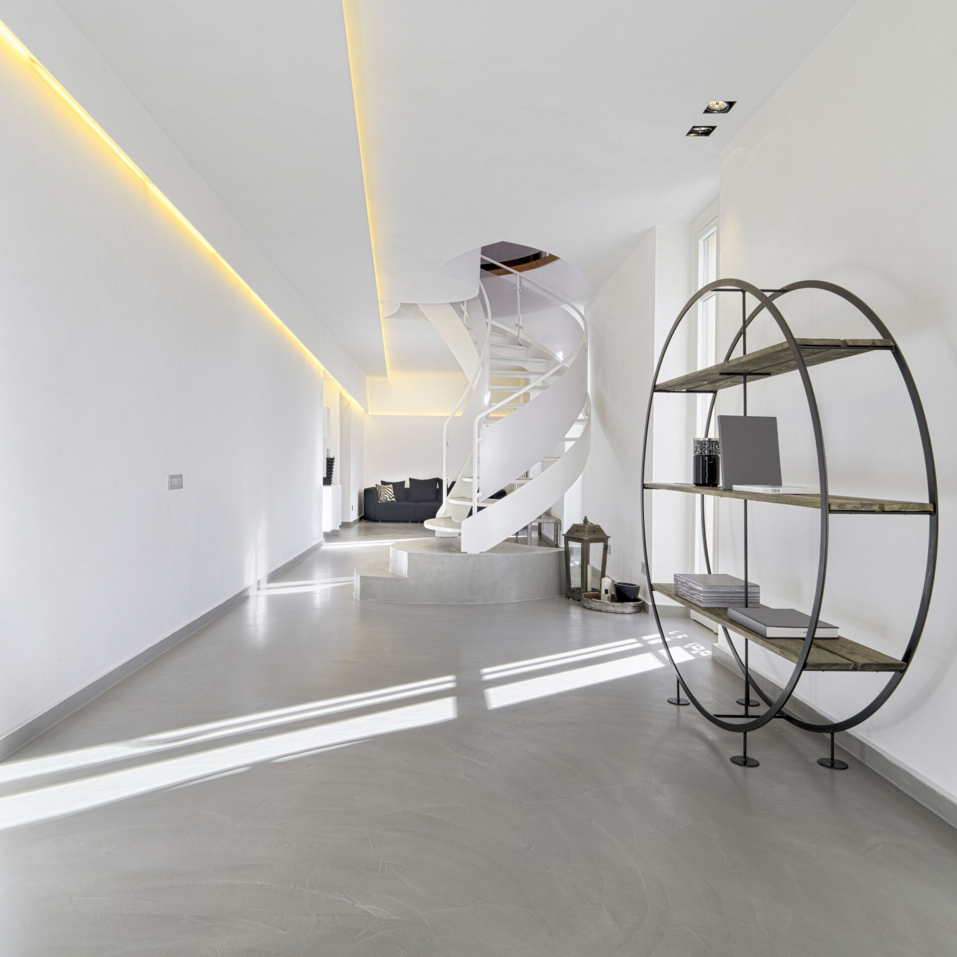 Interior of modern living room, spiral staircase, posh design
